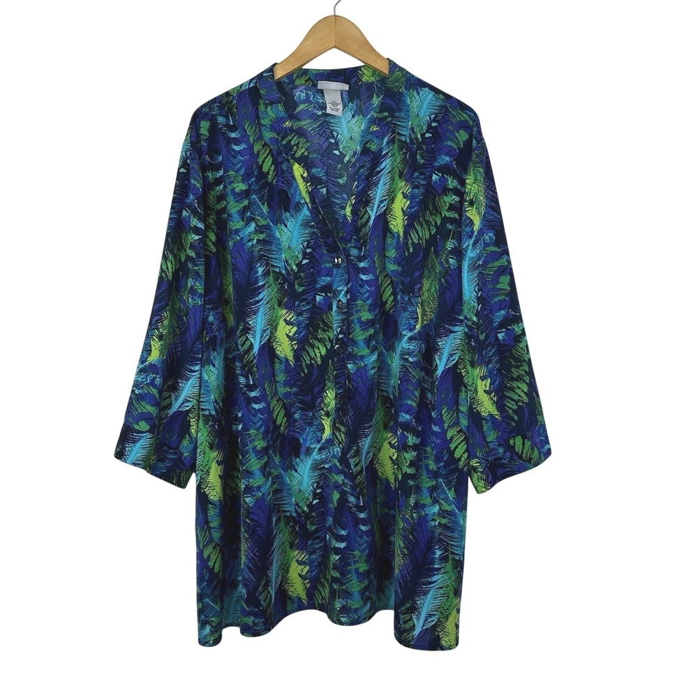 Maggie Barnes Catherines Top Plus 3X Floral Button Front Popover V Neck Tropical